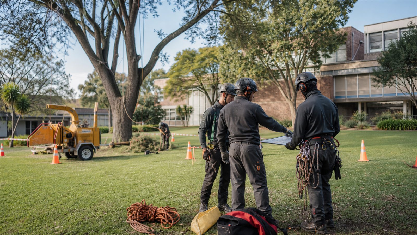 Tree-care crew preparing for work beside a property