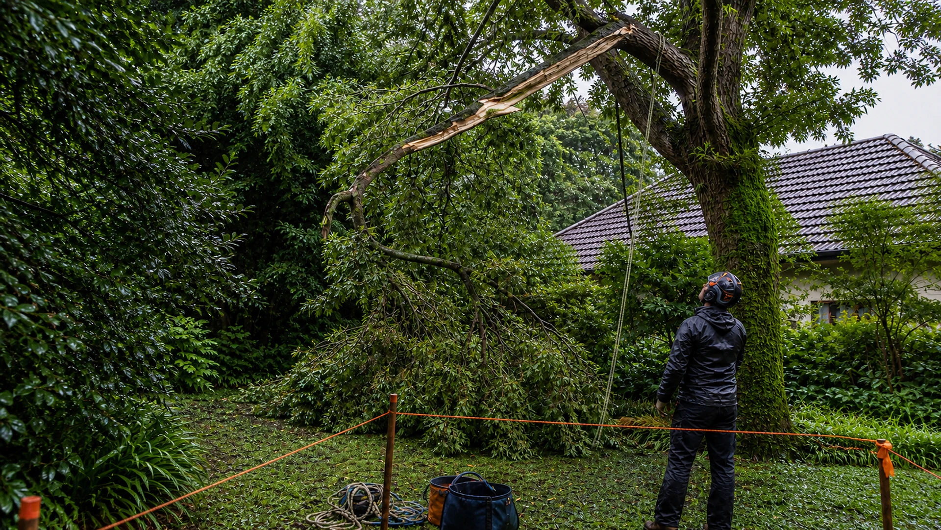 Arborist assessing a damaged tree from a controlled work area