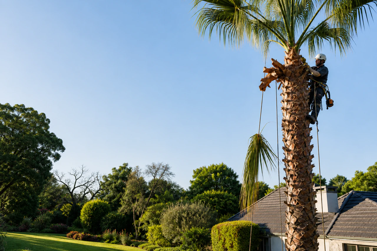 Palm pruning carried out from a secured working position