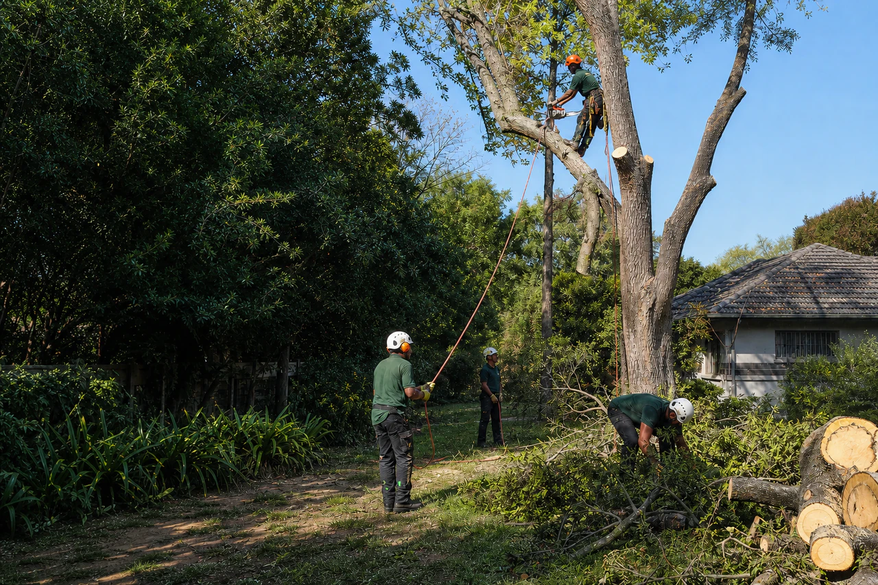 Site clearance work with cut tree material ready for removal