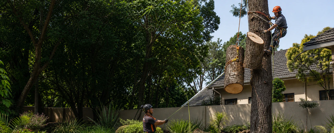 Professional arborist carrying out controlled tree work