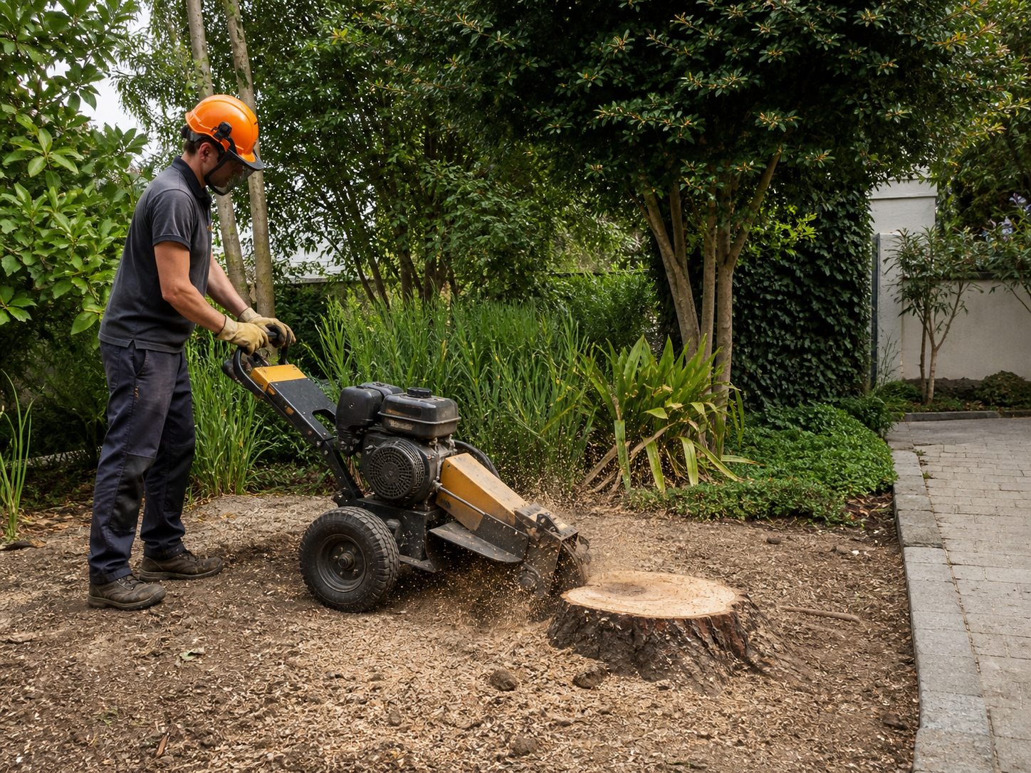 Stump removal work in a residential garden