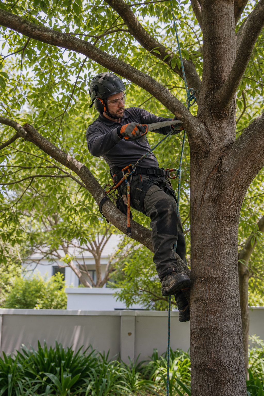 Arborist carefully pruning a mature garden tree