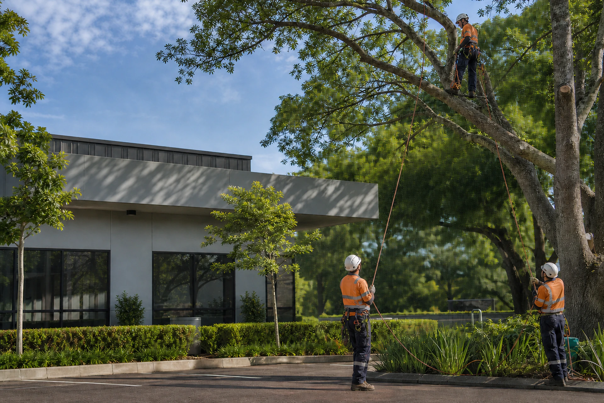 Rope-access tree work beside a commercial building