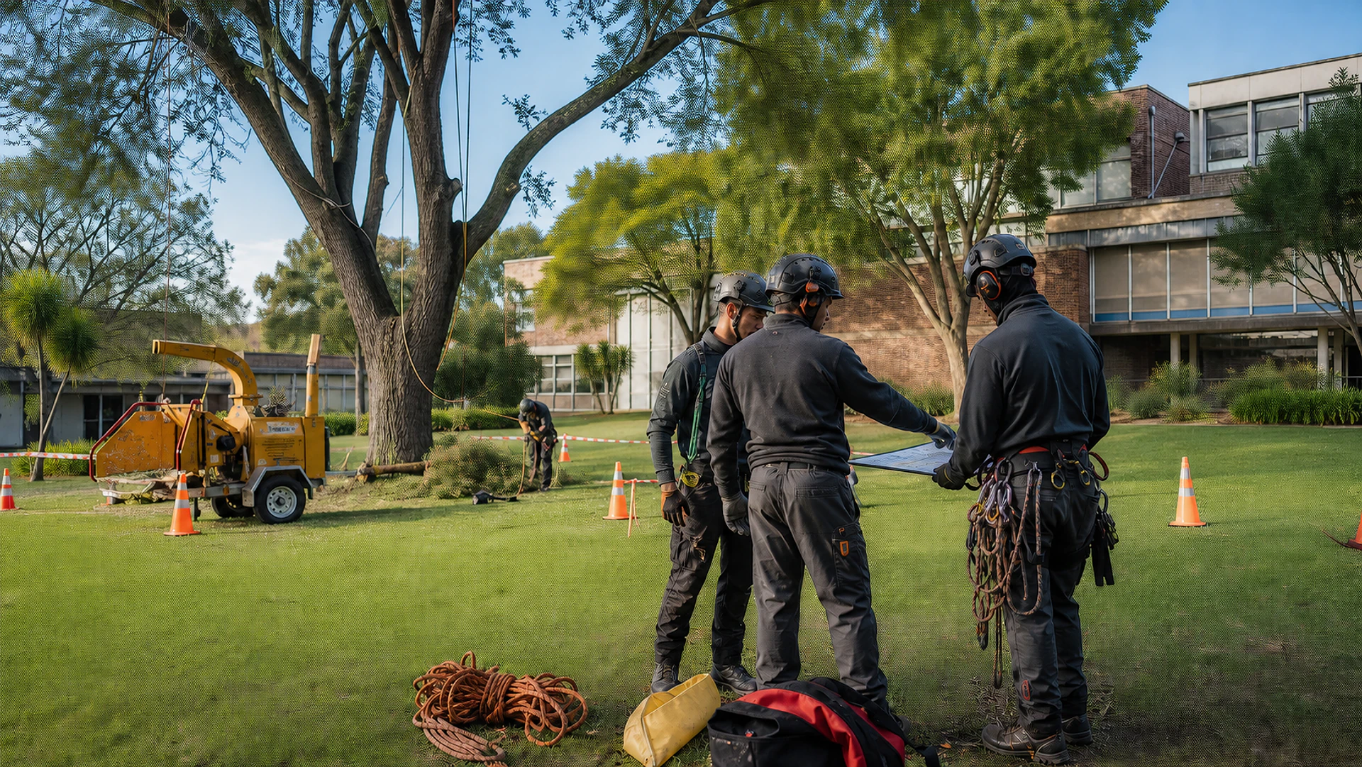 Tree-care team reviewing a work plan before cutting begins