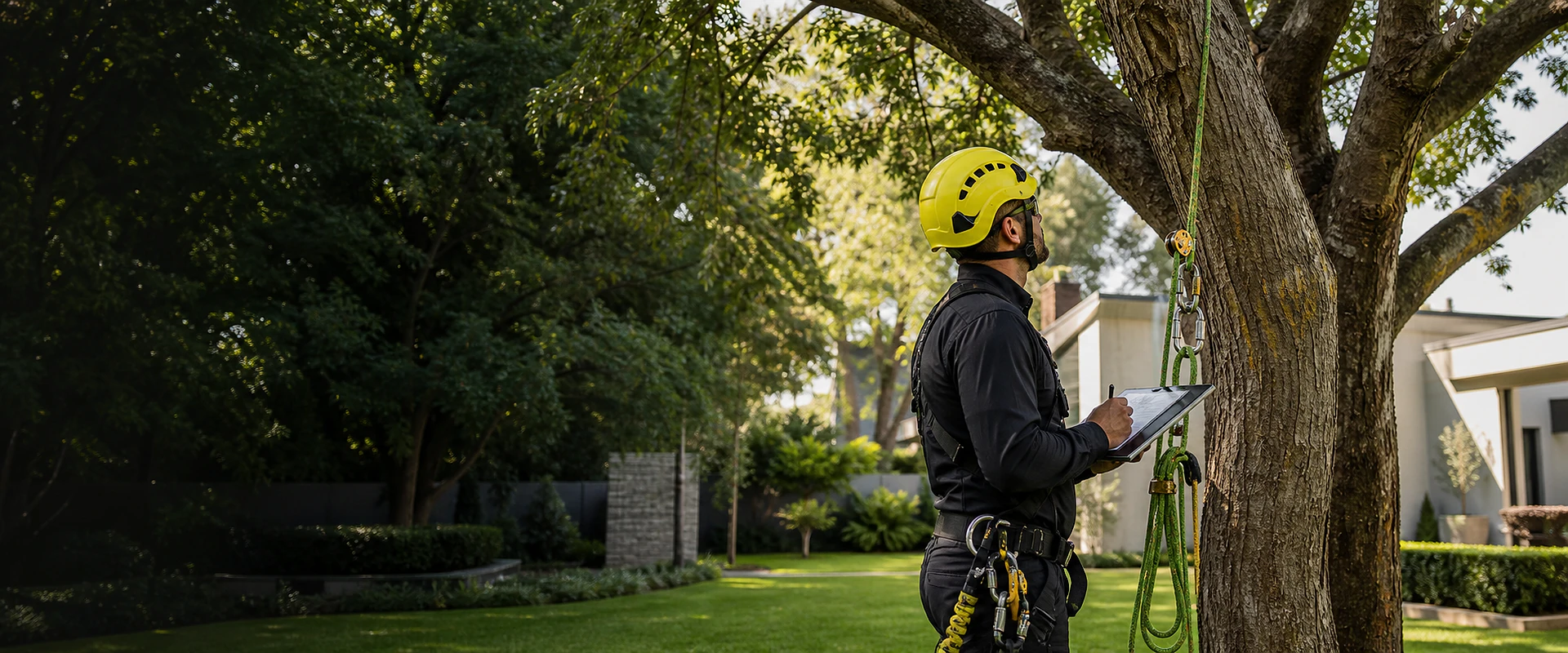 Arborist reviewing safety equipment beside a mature tree before work begins
